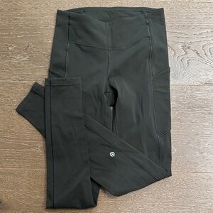 Lululemon High Rise Running Leggings Olive Size 4 Side Pockets Zip Back